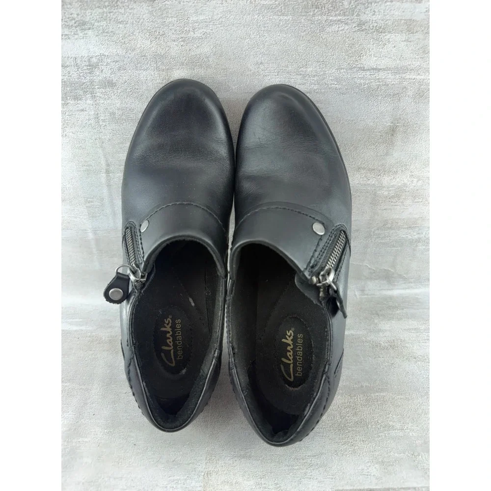 Clarks Bendables Women Sz 6.5M Black Leather Ankle Booties Block Heel Zip 66763